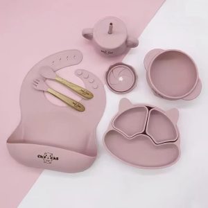 Набір дитячого посуду Cheeks для прикорму, на присосках із харчового силікону ніжно рожевий